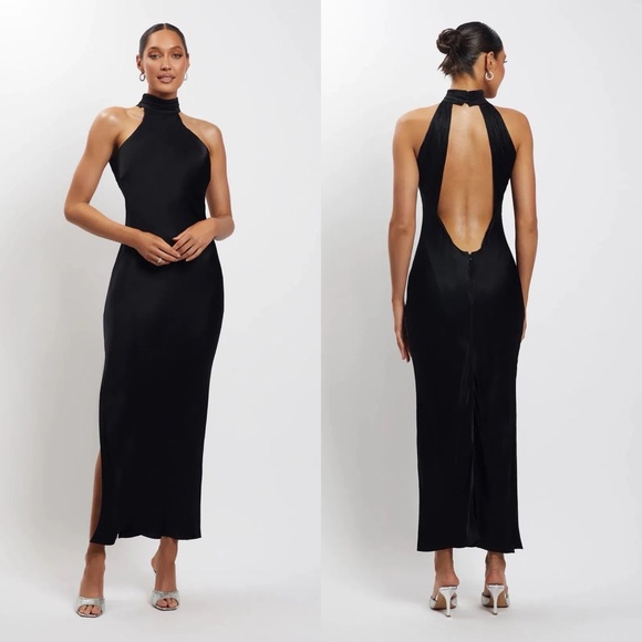 Meshki Dresses & Skirts - Satin Drape Back Maxi Dress with Split Black Small